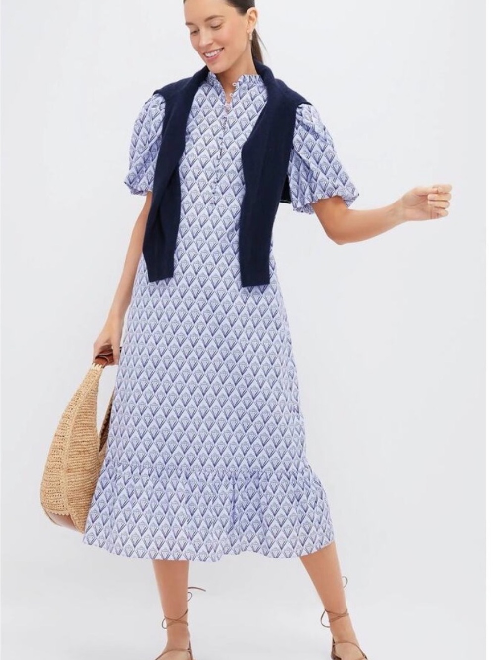 Light Blue Geometric Puff-Sleeve Midi Dress
